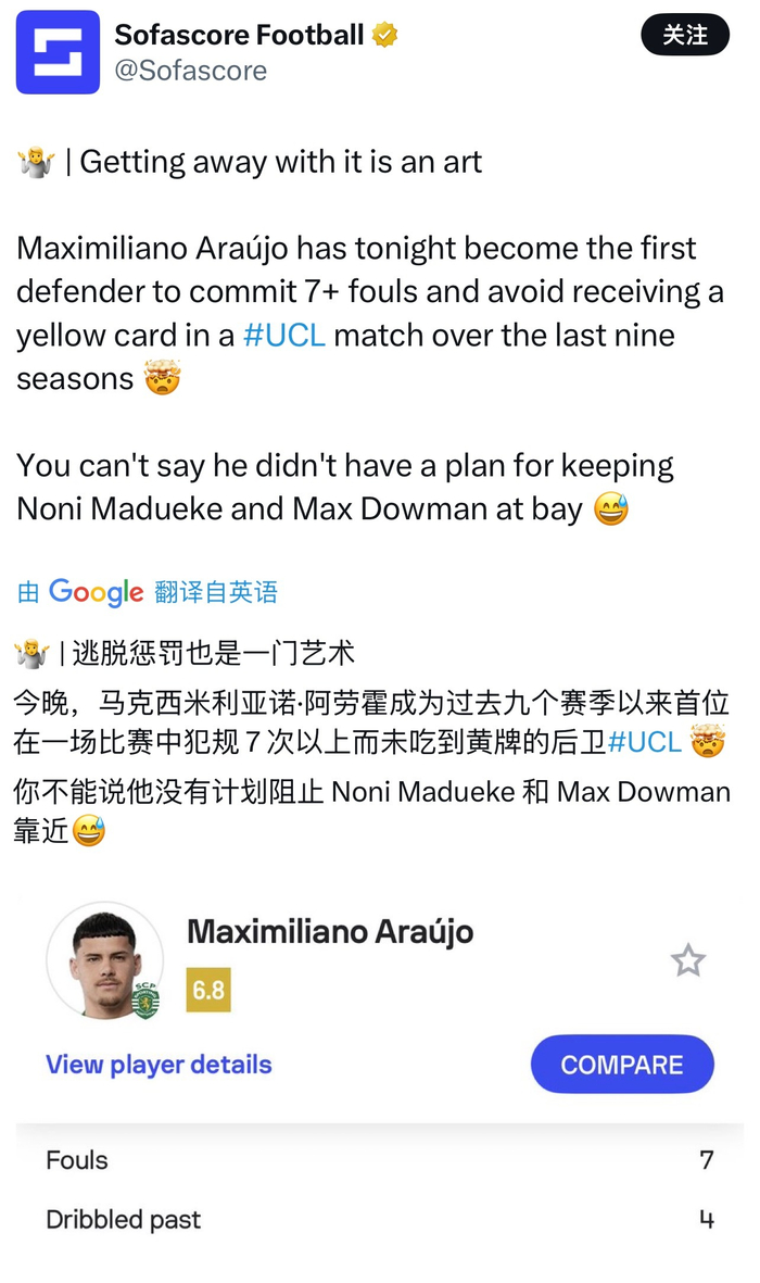 开云体育下载-葡萄牙体育后卫阿劳霍欧冠单场7次犯规未吃牌创纪录|阿森纳|体育赛事讨论|处罚|球员_新浪体育_新浪新闻